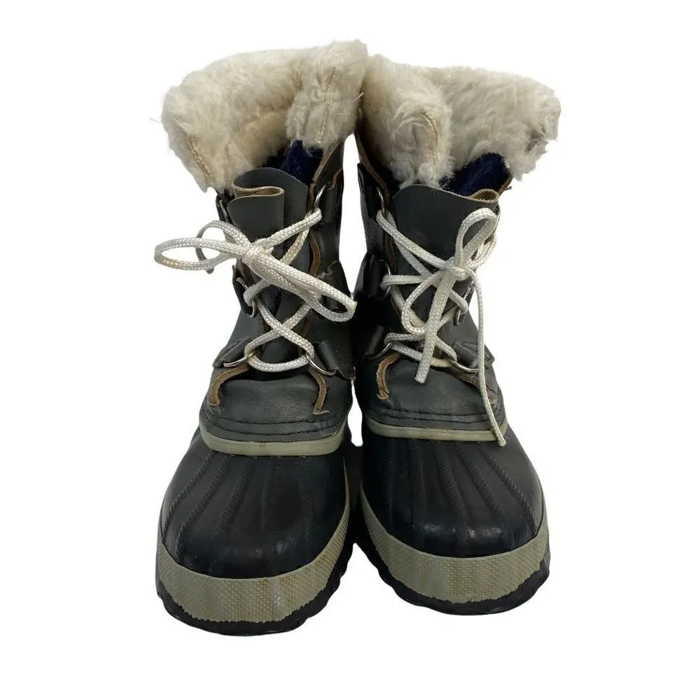 Sorel Unisex Gray Black Waterproof Faux Fur Lined Winter Snow Boots Size 3 Wool